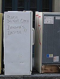 Trashed Refrigerator reads DO NOT OPEN, BENSON'S INSIDE!